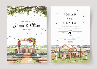 Watercolor wedding invitation of nature landscape with gold wedding gate view - obrazy, fototapety, plakaty