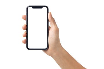 Hand business man holding mobile smartphone with blank screen with space for inserting advertising text. isolated on white background with clipping path