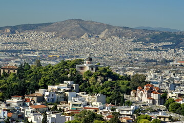 Fototapeta na wymiar Overhead view of Athens, Greece, with the National Observatory of Athens in the center