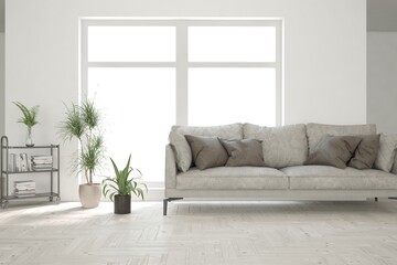 Naklejka premium Stylish room in white color with sofa. Scandinavian interior design. 3D illustration