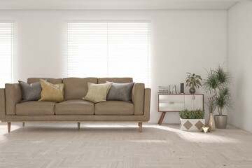 White living room with sofa. Scandinavian interior design. 3D illustration
