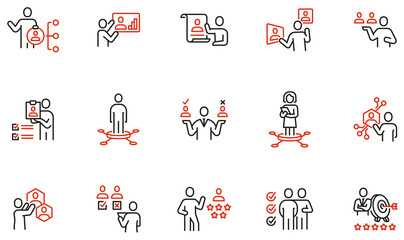 Vector Set of Linear Icons Related to Competence, Recruitment, Staff Selection, Human Resource Management. Mono Line Pictograms and Infographics Design Elements