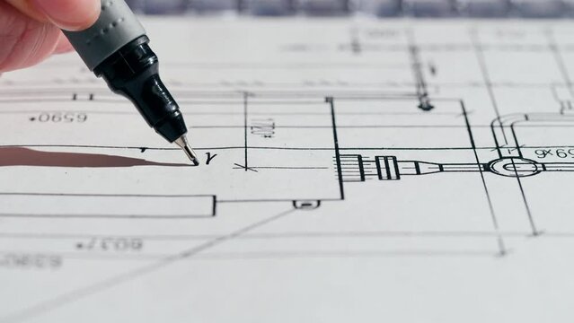 Plan blueprint close-up. Architect designer drawing, professional engineer working, interior creator making architectural house project, drafting building. 