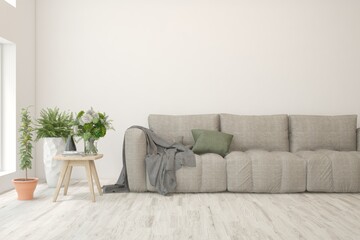 White living room with sofa. Scandinavian interior design. 3D illustration