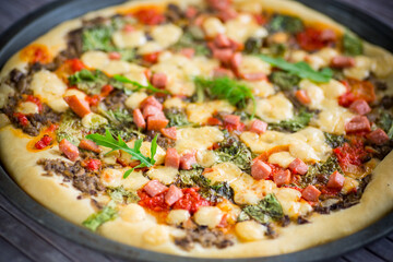 cooked pizza with mushrooms and vegetables with cheese and spices