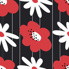 Obraz premium Seamless pattern with big white and red flowers on a striped background. Abstract floral background. Vector illustration