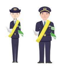 交通安全のたすきをかけてチラシを配っている警察官たち（文字なし）
