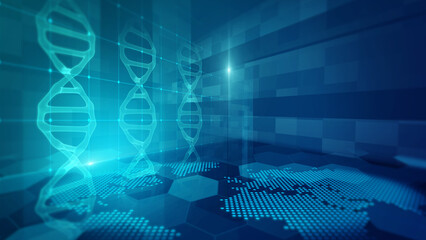 3D dna, digital science, futuristic technology and modern medical research.