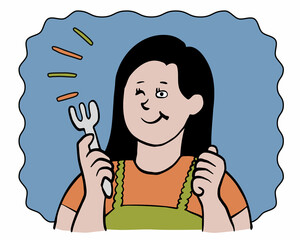 フォークで楽しそうに食事をする女性のイメージイラスト背景付き