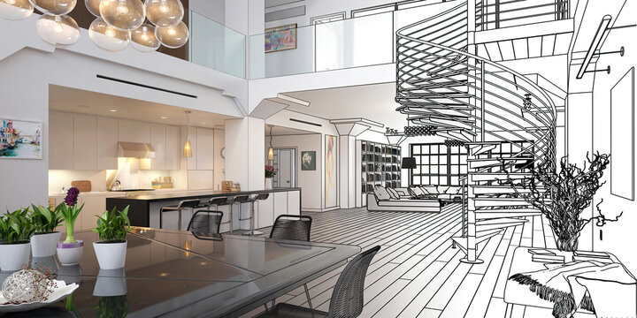 Modern Mansarde Apartment with Spiral Stairs & Furnitures (sketch) - panoramic 3d Visualization