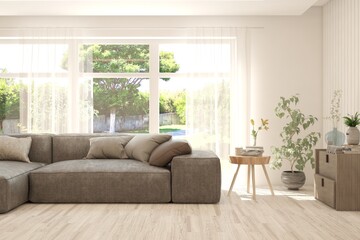 White living room with sofa and summer landscape in window. Scandinavian interior design. 3D illustration