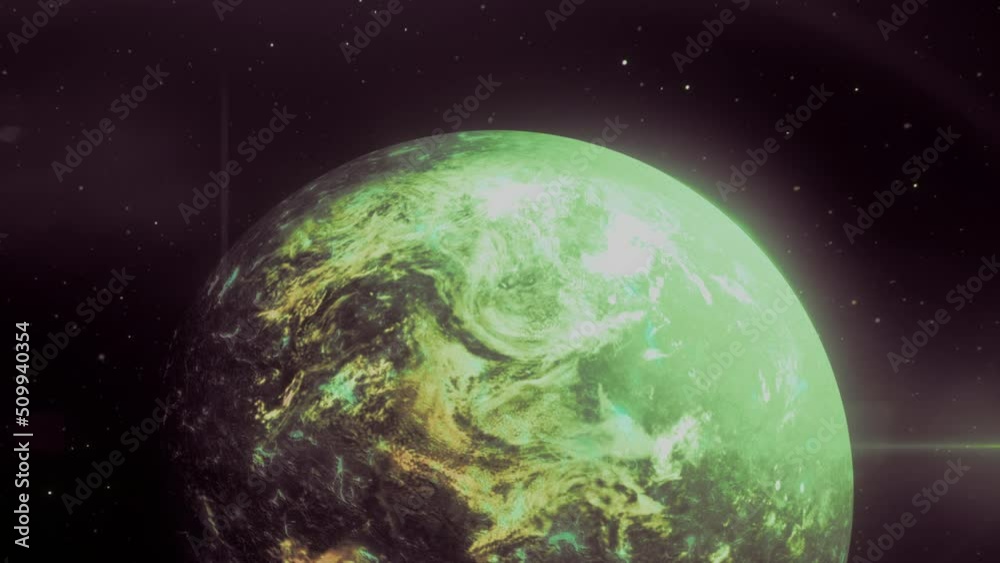 Poster 3d animation with planet in space. motion. colored planet with radiation in space. planet with color