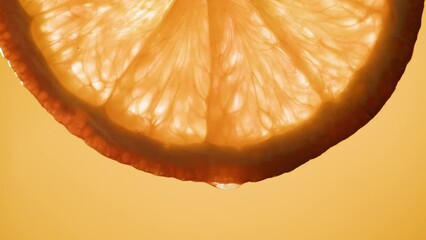Juicy orange slice on orange background. Citrus fruit close-up texture, healthy sweet food. Summer refreshment concept.