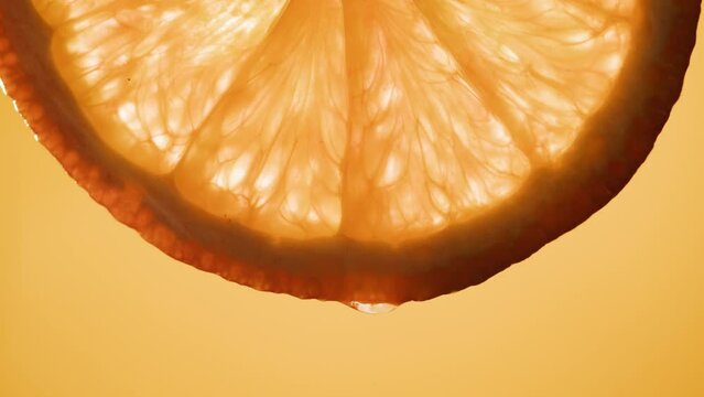Juicy orange slice on orange background. Citrus fruit close-up texture, healthy sweet food. Summer refreshment concept.