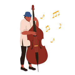 Man with cello instrument vector illustration. Cartoon male contrabass player in hat, street musician of jazz band holding bass viol to play acoustic musical melody on live concert isolated on white - obrazy, fototapety, plakaty