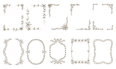 Flowers frame set designed with brown lines in doodle style on white background for digital...