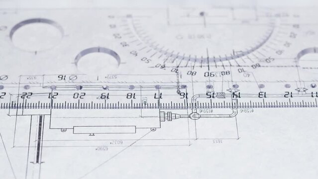 Drawing line with pencil and ruler, plan blueprint close-up. Architect designer working, interior creator making architectural house project, drafting building. 