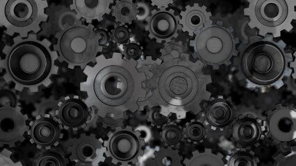 Black and white animated gears background, starts turning slowly then speeds up fast.
