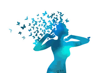 Blue silhouette of a girl with butterflies in her hair. Vector illustration. Woman profile stencil drawing. Beautiful lady vector decor.