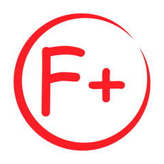 Grade result F plus. Hand drawn icon in red color. Test exam mark report vector illustration