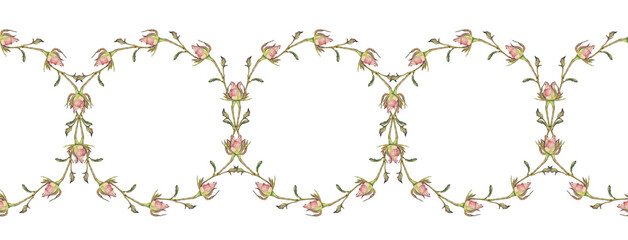 Obraz premium Seamless rim border watercolor circle frame border template for design. Branch with flower pink rose and leaves on white background. Hand-drawn summer plant. Art with copy space. Wedding invitation