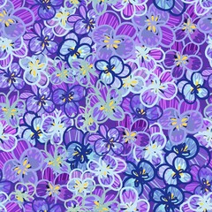 Purple flowers of viola, pansies. Fashion fabric pattern with miniature flowers. Botanical seamless print with various floral elements.