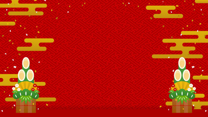 お正月　門松、雲、紙吹雪のフレーム・背景素材（横長16:9）