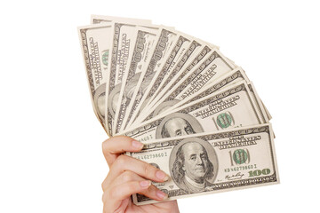 Money, several dollars in hand salary, wages on a white background