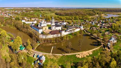 Panoramic aerial view of the ancient Orthodox Pafnutev-Borovsky Monastery in the city of Borovsk,...