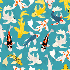 Seamless vector pattern with Japanese carps on a blue background.	