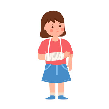 Girl kids with broken arm in flat design on white background. Injured child with bandage arm.