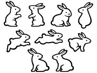 手書き風のウサギの線画イラストセット