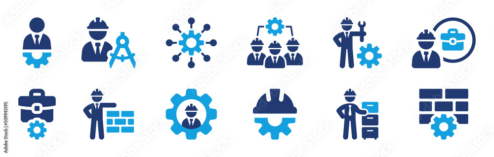 Aufkleber engineer work vector icon set. maintenance by technician and construction worker symbol concept.