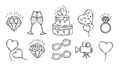 Set of vector wedding icons on a white background.