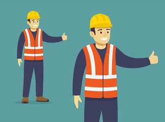 Isolated glad construction worker shows thumb up. Using personal protective equipment. Flat vector illustration template.