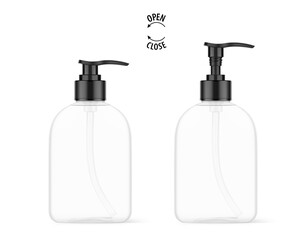 Realistic bottle with black dispenser mockup. In two positions open and closed. Vector illustration isolated on white background. Perfect for the presentation of soap, disinfectant, medical, etc.