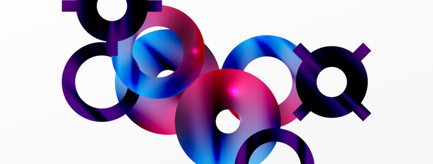 Minimal geometric abstract background. Shiny and glossy circle, line and round shapes design. Trendy techno business template for wallpaper, banner, background or landing