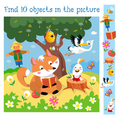 Find 10 hidden objects. Educational game for children. Fox read book, chicken blow on dandelion. Vector color illustration.
