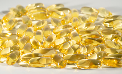 Food supplement oil filled fish oil, vitamin D, omega 3, omega 6, vitamin A, vitamin E, flaxseed...
