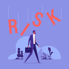 Vector illustration of businessman in danger by the RISK word is falling on him, business risk or mistake or failure concept