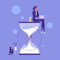 Businesswoman sitting and thinking on hourglass. Wasting time. Too much thinking. Deadline or time management vector illustration concept