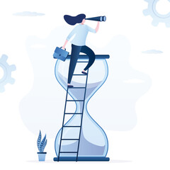 Businesswoman with briefcase looking in spyglass for opportunities. Entrepreneur standing on ladder near hourglass and look up to target. Success, achievement, business vision career goal.