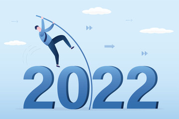 Confident businessman doing pole vaulting crossover crisis valley. Entrepreneur jumping over 2022 year with pole. Way forward, Successful overcoming obstacles, concept. Achieving success.
