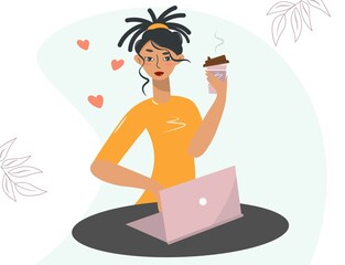 African American woman drinking coffee from a plastic cup while working. Stylish brunette with a laptop. The girl takes a coffee break. Work, study, rest. Freelance. Vector isolated in flat style.