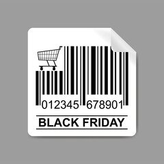 Label with Barcode, shopping trolley icon and inscription - black friday. Sign or sticker template for your design, web.