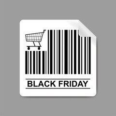Label with Barcode, shopping trolley icon and inscription - black friday. Sign or sticker template for your design, web.