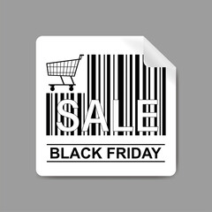 Label with Barcode, shopping trolley icon and inscriptions - sale and black friday. Sign or sticker template for your design, web.
