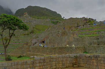 Historic ancient legendary Maya temple ruins lost city Machu Picchu high in Peruvian Andes...