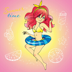 vector illustration with cute cartoon girl, card