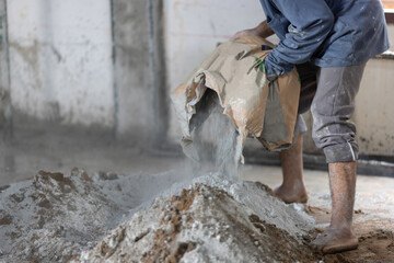 Unsafe construction of Myanmar migrant workers while pouring concrete slab in construction site ,...